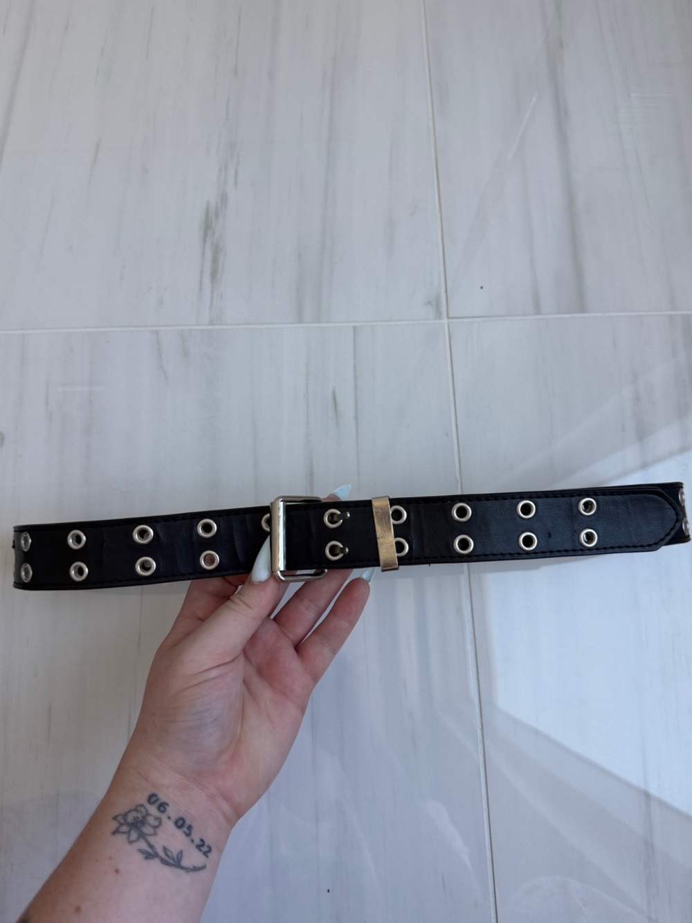 Black Grommet Belt with Silver Buckle